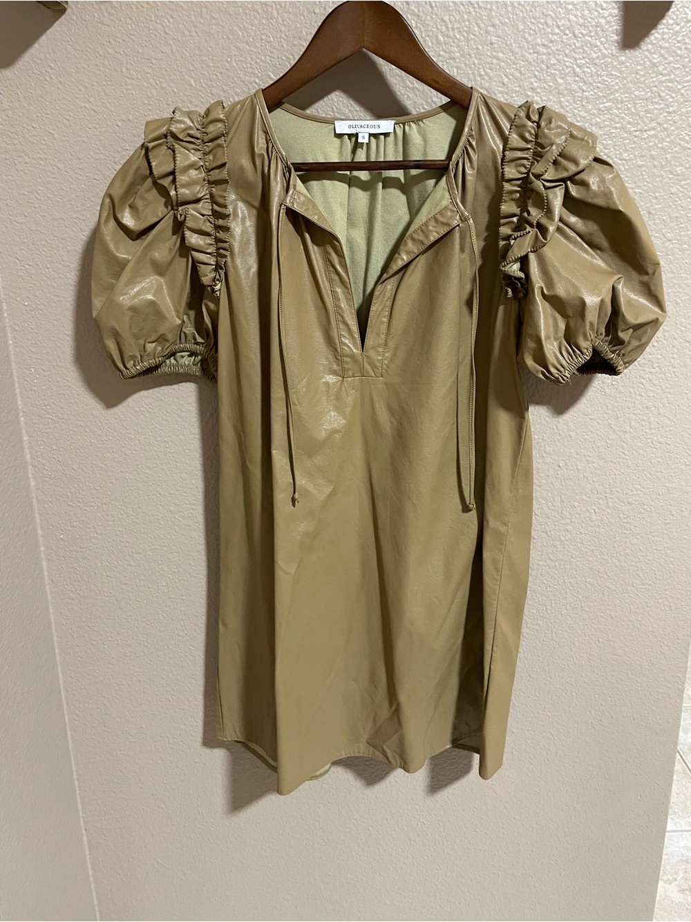 Olivaceous tan Faux-Leather Puff-Sleeve dress